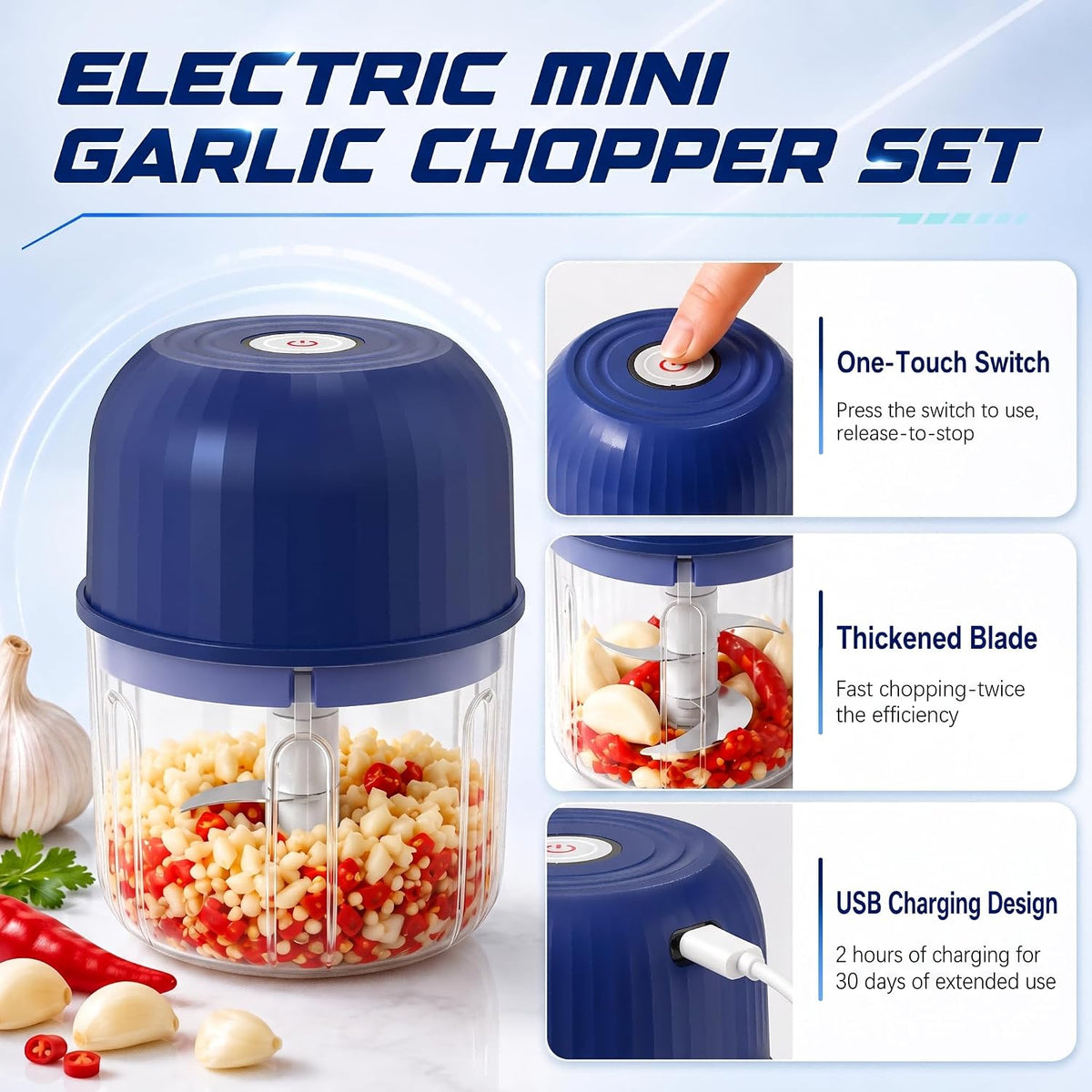 Cordless Electric Mini Garlic Chopper – 6-Blade Food Processor